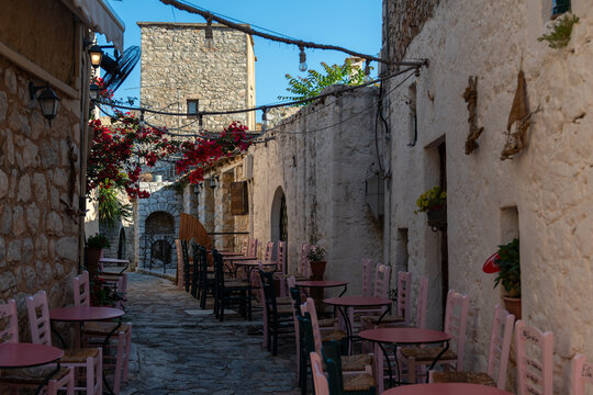 Areopoli town center street view with cafes