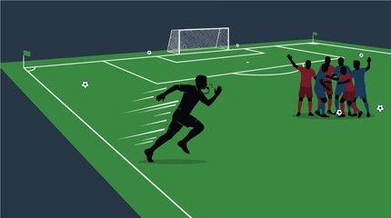 Fototapeta premium Referee Sprinting Toward Match Incident as Players Gather Around