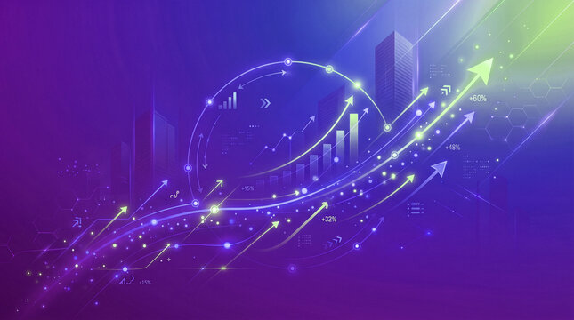 Abstract digital business growth concept with ascending arrows and financial charts in a futuristic cityscape setting