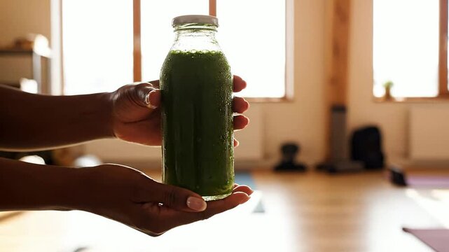 Two Hands Holding A Fresh Green Cold-Pressed Juice Bottle In A Bright Fitness Studio With Natural Light