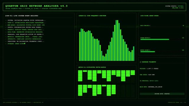 Quantum Grid Network Analyzer Core Frequency Spectrum Dashboard Animation.
