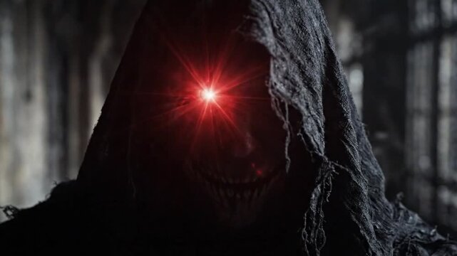 Mysterious shadowy figure with glowing red eyes, conveying a sense of dread and the unknown.