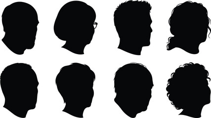 Human Head Profile Silhouette Collection with Men Women and Diverse Hairstyles © Aminur