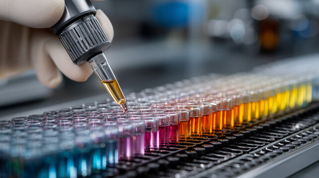 Scientist pipetting liquid samples into microplate for laboratory analysis and research