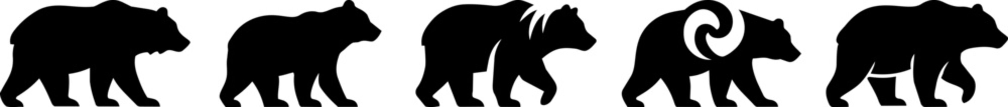 Different poses and shapes of bear silhouettes walking to the right on white background  various bear forms in profile  black bear silhouettes