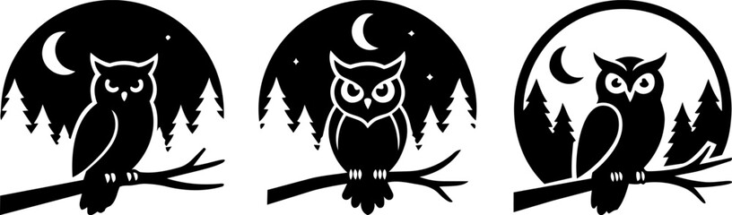 Obraz premium Black and white illustrations of owls sitting on tree branches in front of a moonlit night sky with stars and trees owl silhouettes in different poses