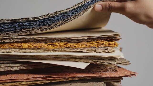 Various Handmade Paper Sheets of Different Colors and Textures with a Hand Touching the Stack Against a Neutral Background