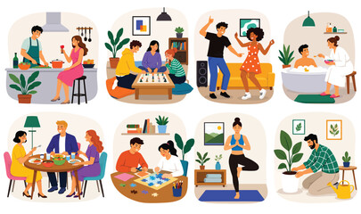 Fototapeta premium Collection of people enjoying various cozy home activities including cooking, gaming, dancing, and yoga.