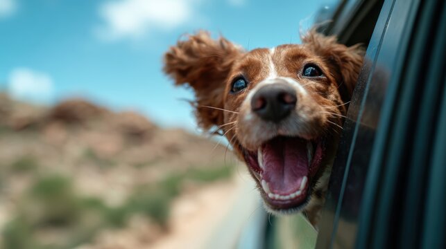 A joyful dog with flapping ears, excitedly hanging out of a car window during a fun ride, encapsulating the essence of freedom and adventure in daily life.
