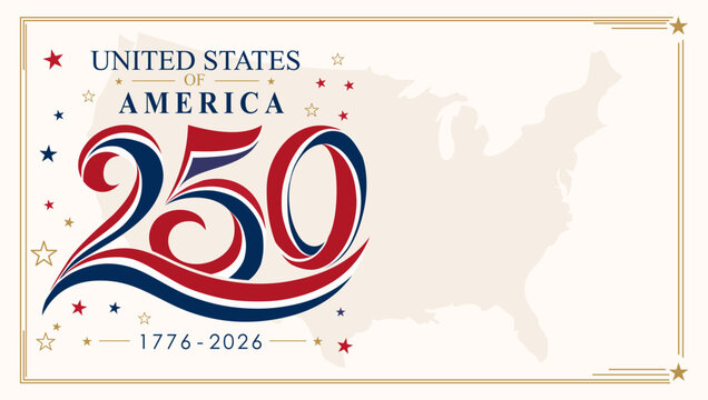 USA 250 years semiquincentennial banner template with copy space. Features custom red and blue swirl 250 typography, scattered stars, and a United States map silhouette on cream backdrop.