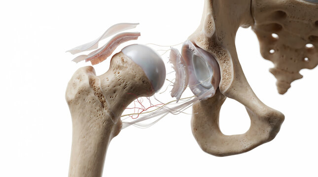 Close-Up Of Hip Joint Anatomy Femur Head And Pelvis With Ligaments