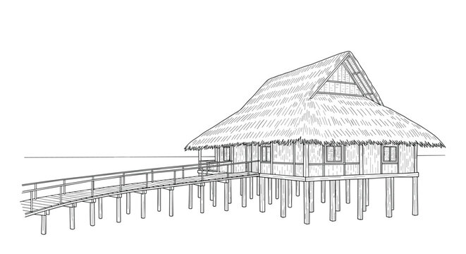Detailed architectural sketch of a traditional tropical hut on stilts with a thatched roof and long wooden boardwalk over water.