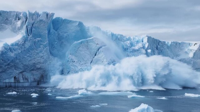 Slow motion tracking shot of glacier calving and massive iceberg collapse into arctic ocean seascape with splashing waves and falling ice