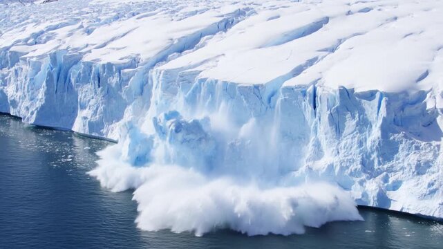 Aerial slow motion tracking view of glacier calving and iceberg collapse into polar ocean along icy coastline during daytime winter light