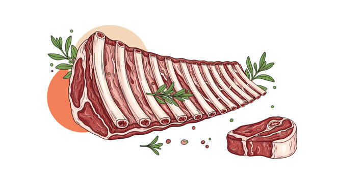 Fresh raw lamb ribs or rack of lamb displayed with rosemary sprigs and peppercorns on a clean white background with abstract shapes.