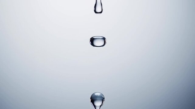 Slow motion static closeup of water droplets forming, stretching and falling over neutral studio gradient background in controlled environment
