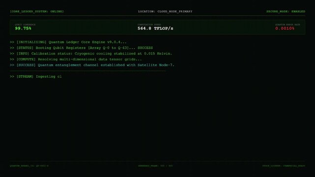 Quantum Ledger Core Engine Qubit Coherence Blockchain Terminal Animation.