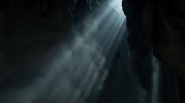 Slow motion tilt of cave ceiling with light beams streaming through opening into mist filled underground chasm interior