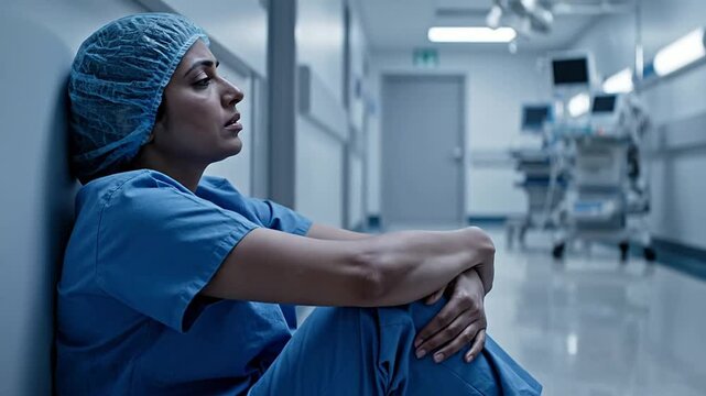 Weary Surgeon Resting Against Corridor Wall At 3 AM In Hospital Environment Showcasing Exhaustion And Dedication In Medical Profession