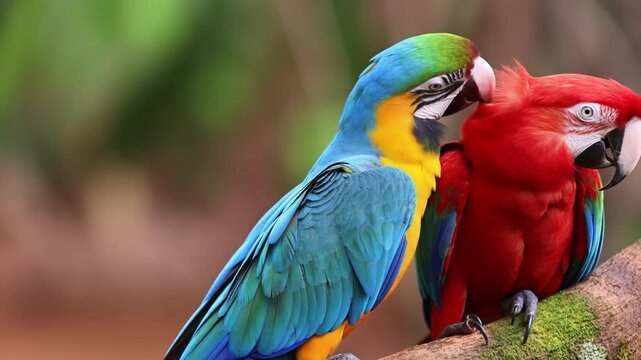 Slow motion close up of two macaw parrots preening and nuzzling on mossy branch in tropical rainforest habitat