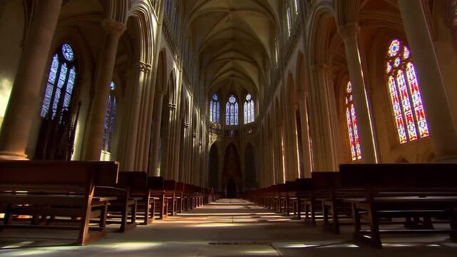 Tracking shot moving down cathedral nave aisle with wooden pews and stained glass windows illuminated inside gothic church interior
