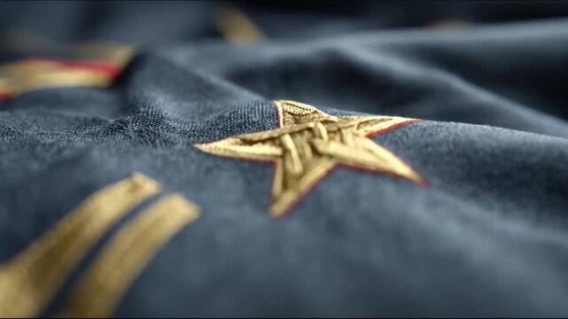 Close-up of a dark fabric with intricate gold star emblem and other golden embellishments