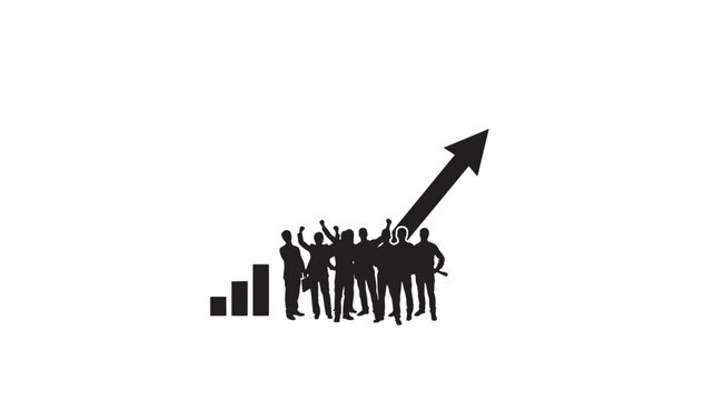 Black silhouettes of people celebrating with a rising arrow graph
