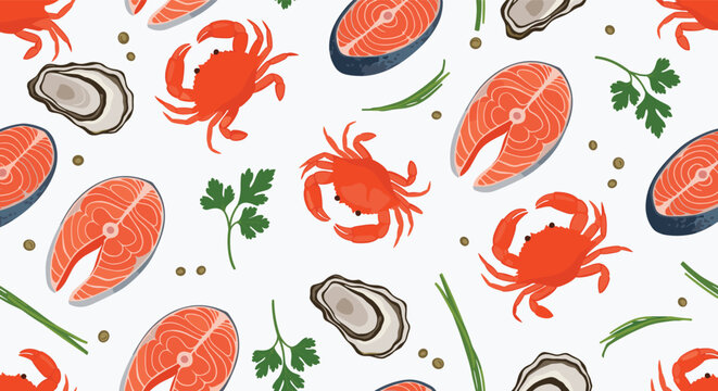 Delicious and colorful seamless pattern of assorted seafood including salmon steaks, red crabs, oysters, and fresh herbs.