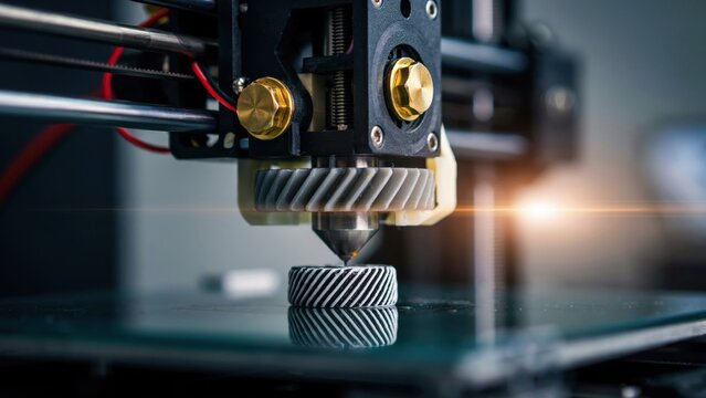 Close-up of a 3D printer head extruding plastic to create a helical gear in a workshop
