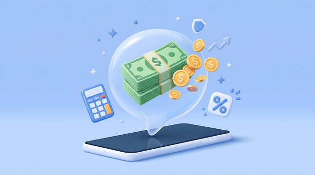 3d render of a smartphone with floating money and financial icons