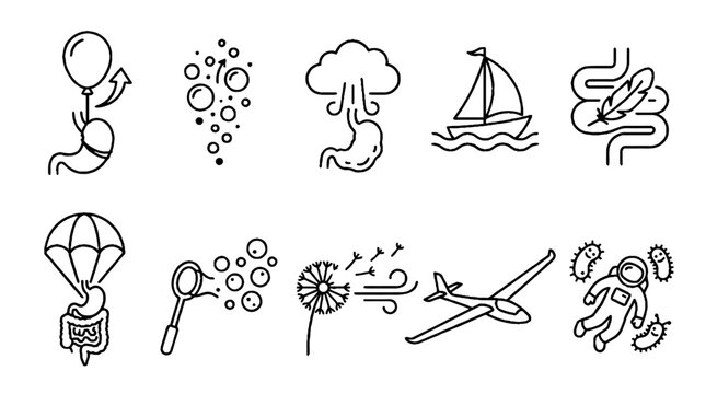Set of hand drawn icons representing digestive health and bloating relief concepts.