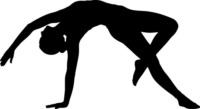 Professional black silhouette of flexible woman in yoga pose stretching forward with one leg extended, fitness exercise, wellness, flexibility training, healthy lifestyle, vector illustration