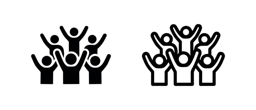 Group of people with raised hands icon, crowd cheering or teamwork symbol in solid and outline styles.