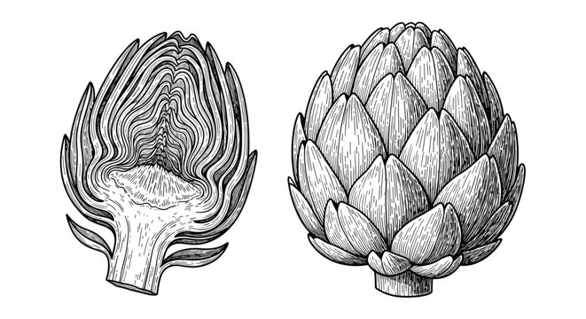 Detailed botanical engraving of a whole artichoke next to a cross-section showing its intricate internal layers and heart on a white field.