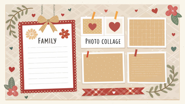Family photo collage template with decorative elements and blank spaces for photos and notes