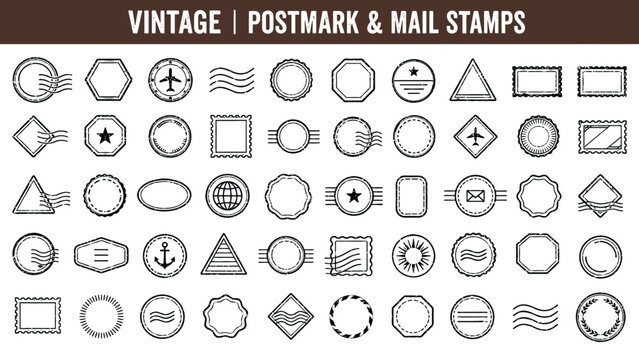 Vintage postmark and mail stamps icon web vector collection for classic parcel shipping decoration.