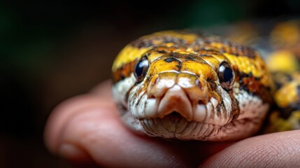 Fototapeta premium A vibrant close-up shot of a beautifully patterned snake being held gently in a hand, showcasing its stunning colors and textures against a blurred natural background.