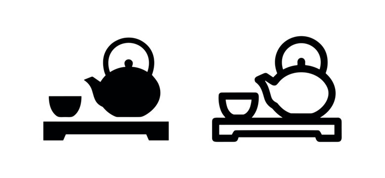 Japanese teapot with cup on a tray icon for tea ceremony and traditional oriental drinks.