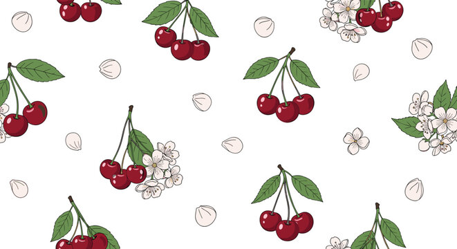 Elegant seamless pattern displays ripe red cherries on stems mixed with soft pink cherry blossoms and falling flower petals.