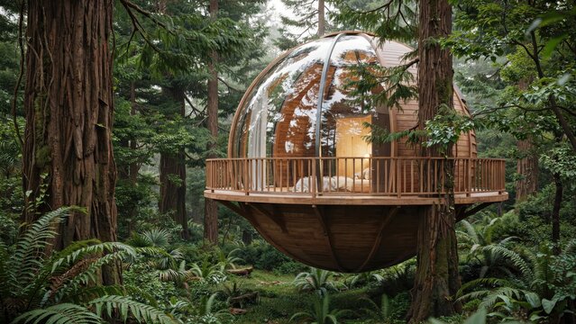 Luxurious modern spherical glass treehouse suspended in a lush green redwood forest for eco-friendly glamping