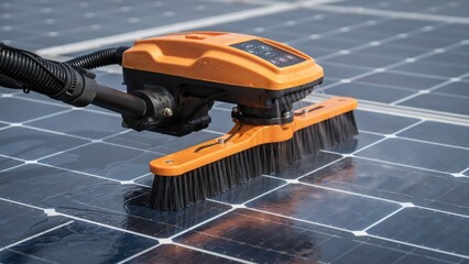 Fototapeta premium Robotic cleaning brush tool washing solar panels with water for optimal efficiency