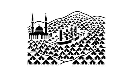 Obraz premium Islamic Mosque and Tents on Hills, Pilgrimage Scene