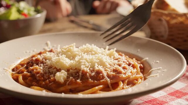 Delicious spaghetti bolognese topped with grated parmesan cheese, ready to be enjoyed.