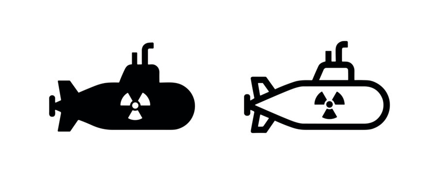 Nuclear submarine icon with radiation symbol, solid and outline