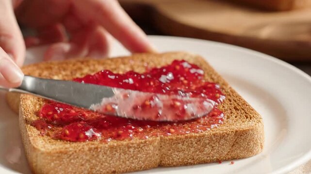 Hands spreading delicious berry jam onto golden brown toast for a sweet breakfast.
