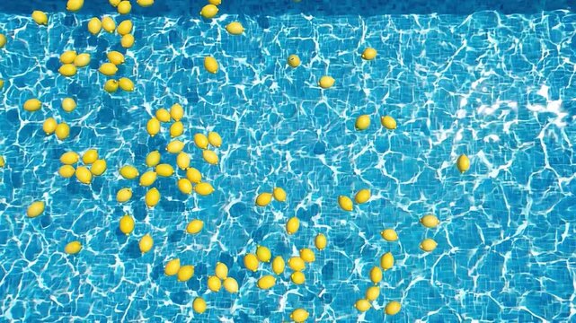 Aerial slow motion tracking pan of lemons floating and drifting across tiled swimming pool water with bright sunlight reflections in backyard summer daytime relaxed warm scene