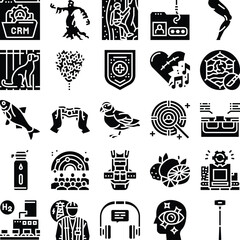 Obraz premium Icons representing a diverse range of business, technology, social, and lifestyle concepts, portraying themes like crm, cybersecurity, health, nature, and entertainment