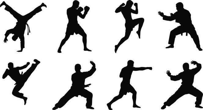 Martial Arts and Combat Sports Silhouette Collection &ndash; Karate, Boxing and Self-Defense Poses