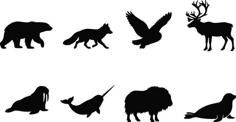 Arctic and polar region wildlife animal silhouettes vector collection featuring bear, fox, owl, caribou, walrus, narwhal, muskox, and seal © MdAsikul