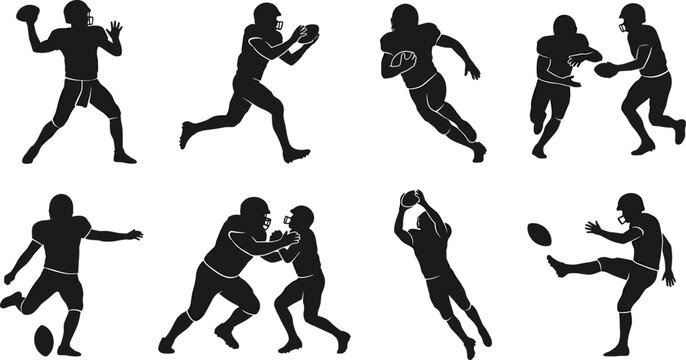 American football player silhouettes set of athletes running throwing catching and kicking ball